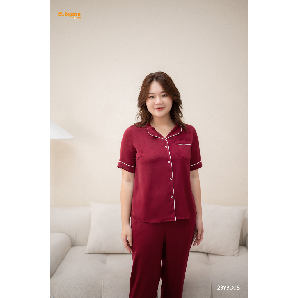 Pyjama trơn áo cộc quần dài phối viền lé BIGSIZE (55kg đến 95kg) - 23YBD05 - [BU Bigsize Young]