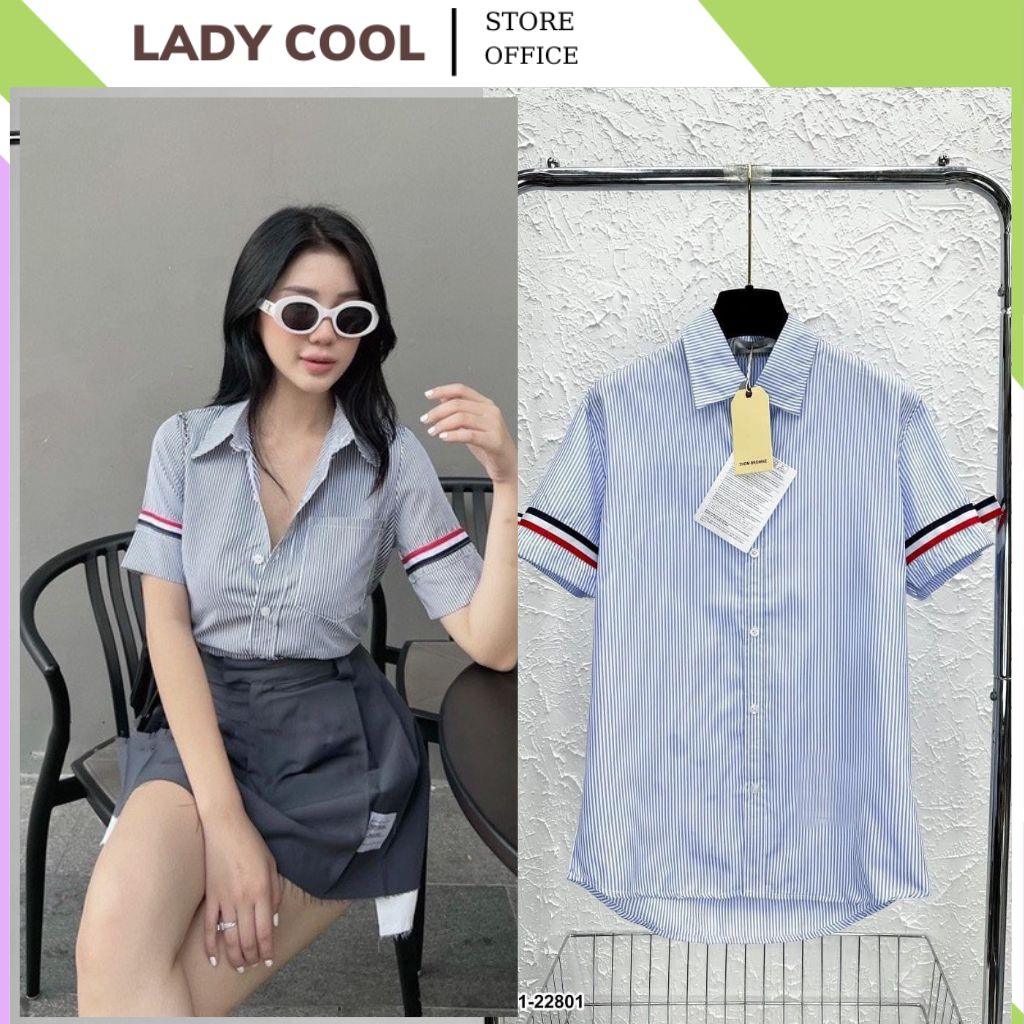 Áo sơ mi kẻ xanh nữ nam Thom cộc tay sọc xanh trắng,sơ mi unisex lịch lãm đi chơi đi làm đều được.
