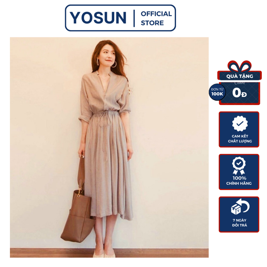 Đầm Nữ Cổ V Trụ Cài Nút Tay Lỡ Bồng Bo Eo Cột Dây Thanh Lịch, Đầm Nữ Công Sở Maxi Dáng Xòe Túi 2 Bên Màu Kem