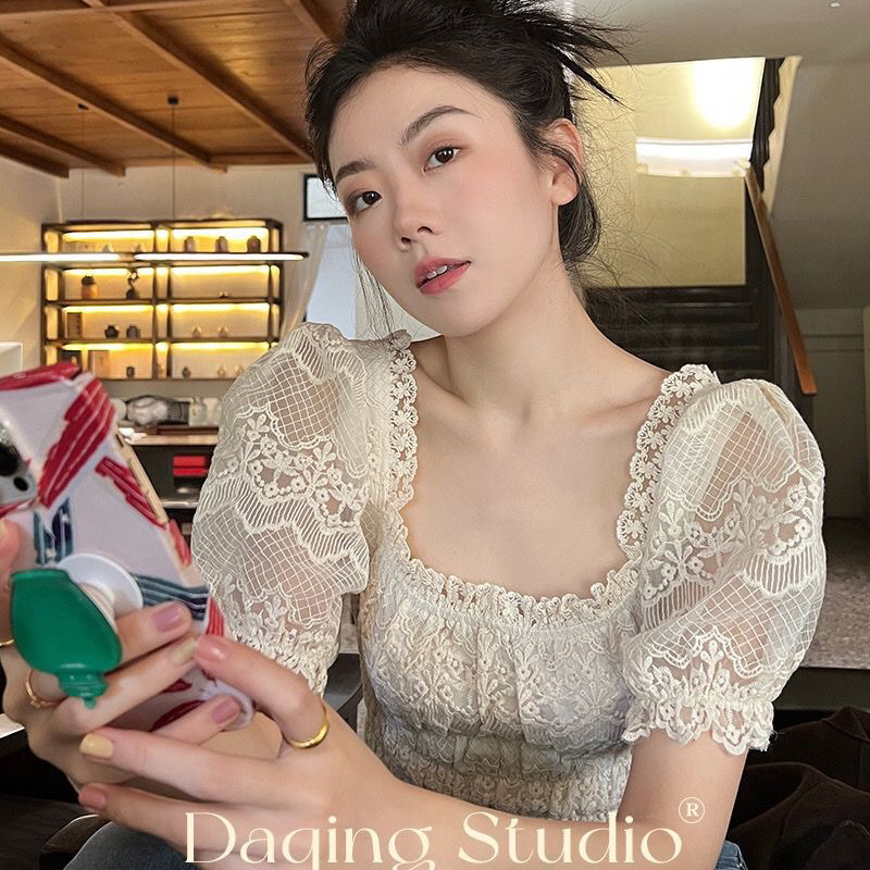 (ORDER TAOBAO) Áo Ren Croptop Tay Phồng Nữ Tính Phong Cách Tiểu Thư Hàn Quốc