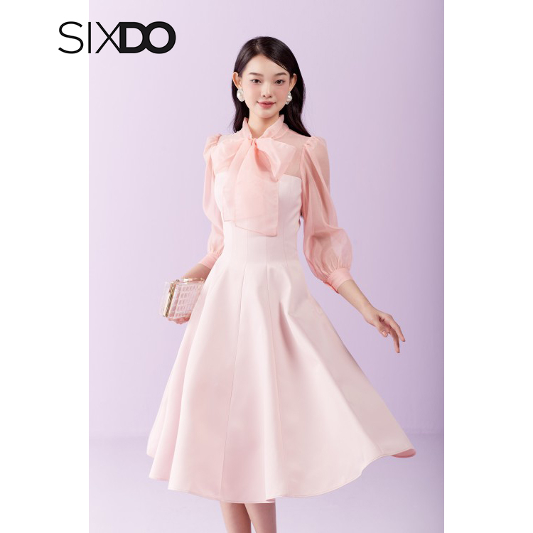 Đầm midi vải Taffeta dáng xòe hồng thanh lịch SIXDO (Light Pink Bowtie Midi Taffeta Dress)