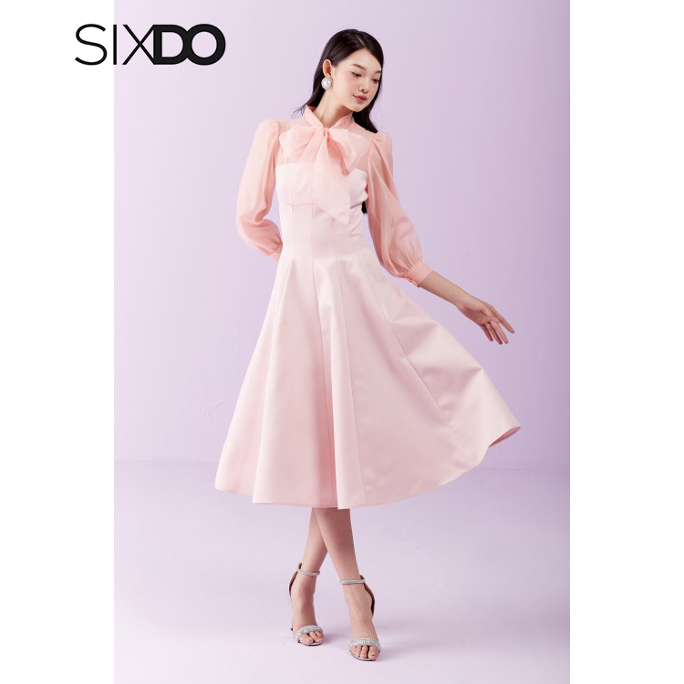 Đầm midi vải Taffeta dáng xòe hồng thanh lịch SIXDO (Light Pink Bowtie Midi Taffeta Dress)