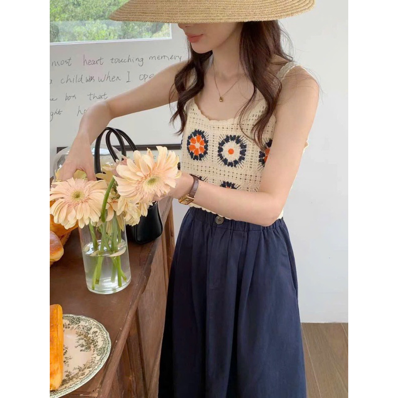 Áo Hai Dây Dệt Kim Họa Tiết Hoa Phong Cách Vintage Thời Trang Mùa Hè Cho Nữ