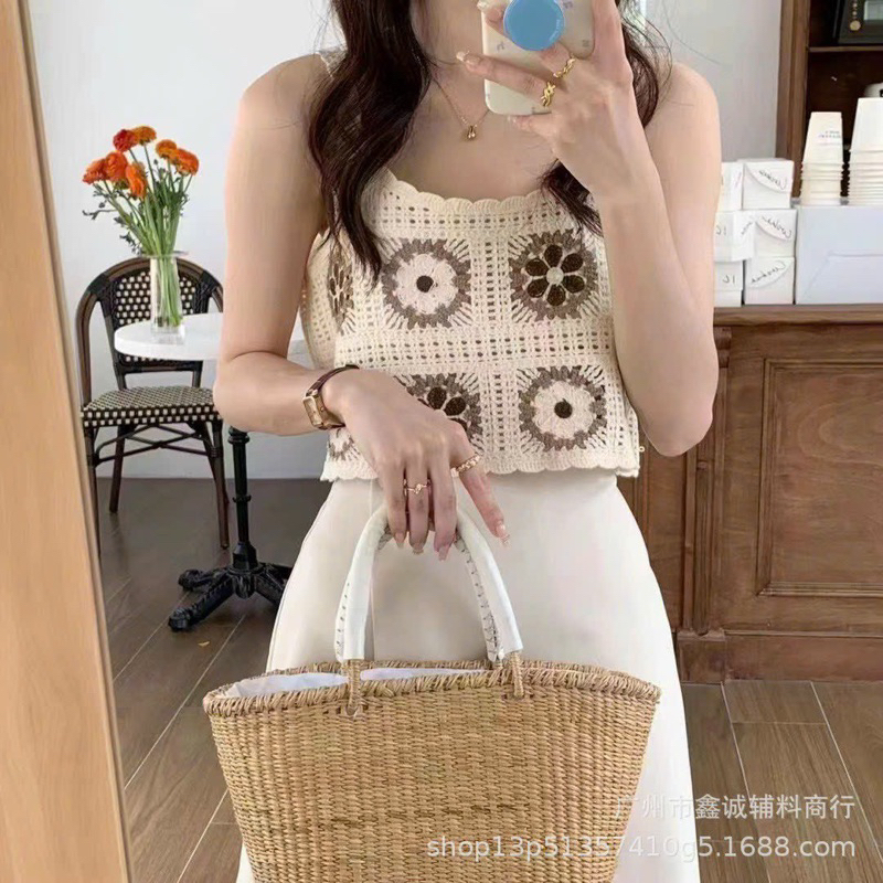 Áo Hai Dây Dệt Kim Họa Tiết Hoa Phong Cách Vintage Thời Trang Mùa Hè Cho Nữ