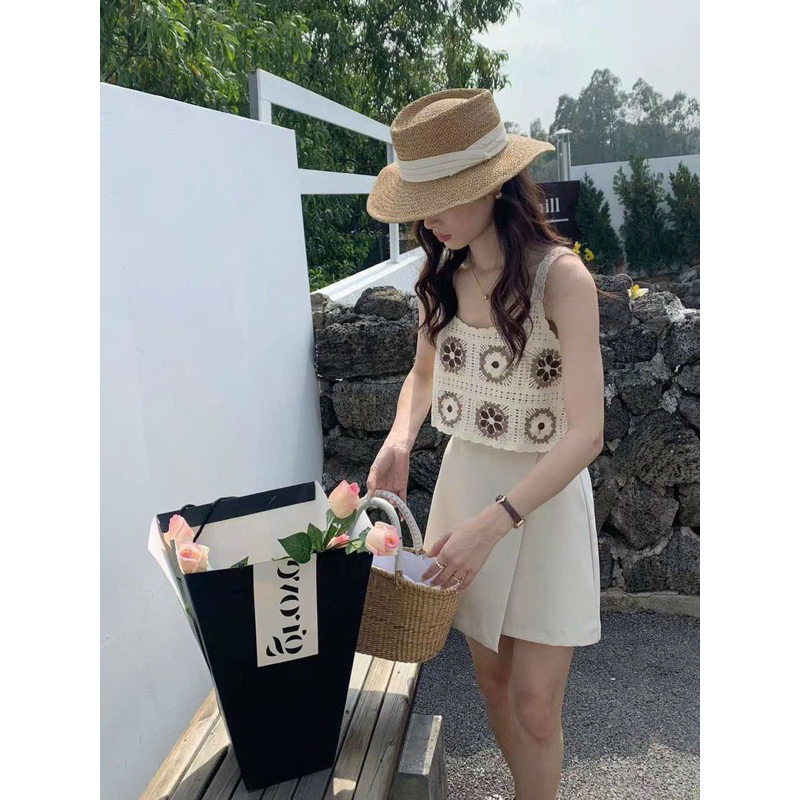 Áo Hai Dây Dệt Kim Họa Tiết Hoa Phong Cách Vintage Thời Trang Mùa Hè Cho Nữ