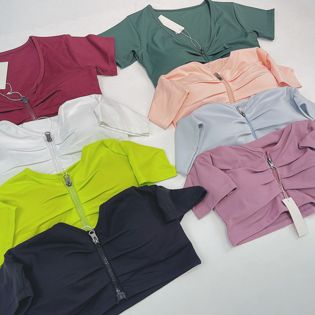 Áo Croptop Tập Gym Nữ Nhún, Có Dây Kéo Xịn Xò
