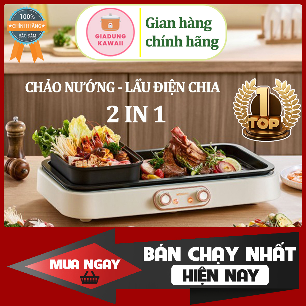 [CHÍNH HÃNG] Chảo Nướng Lẩu Điện Chia 2 ngăn 2 in 1 - Cao Cấp Chống Dính Modong MD-JZ010 - Bảo Hành 