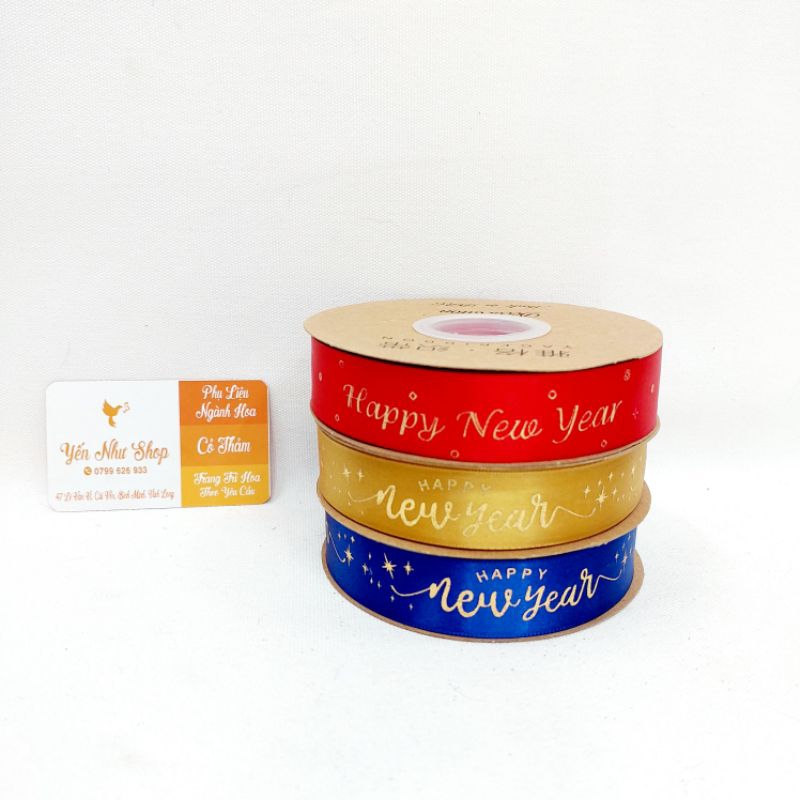 Ruy băng lụa thêu chữ Happy New Year bản 3cm, cuộn 50 mét