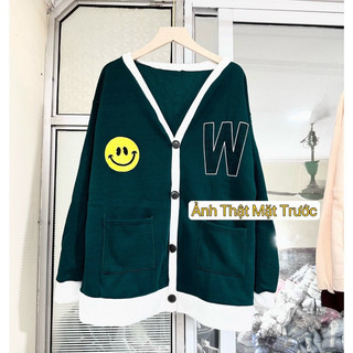 Áo khoác in mặt cười và chữ w có 2 màu kem và xanh diêu xinh.
