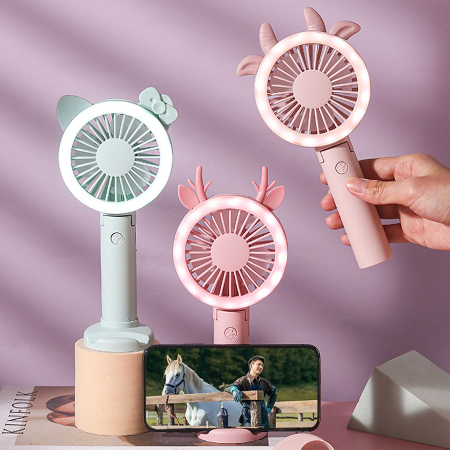 Quạt tích điện mini cầm tay để bàn có chức năng đèn pin soi sáng dễ dàng mang theo quạt cute kèm phụ kiện tai cho họsinh