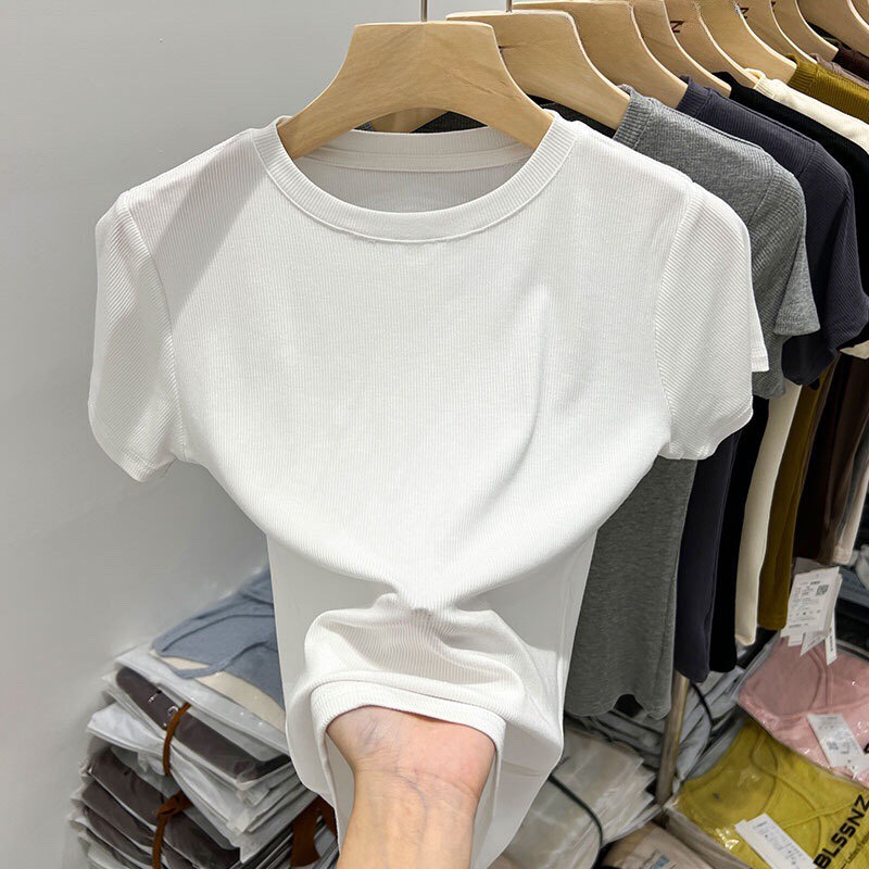 Áo thun kiểu nhiều màu với chất vải xốp nhăn dáng ôm dễ thương, Áo thun xốp ngắn tay cổ tròn lên form cực xinh