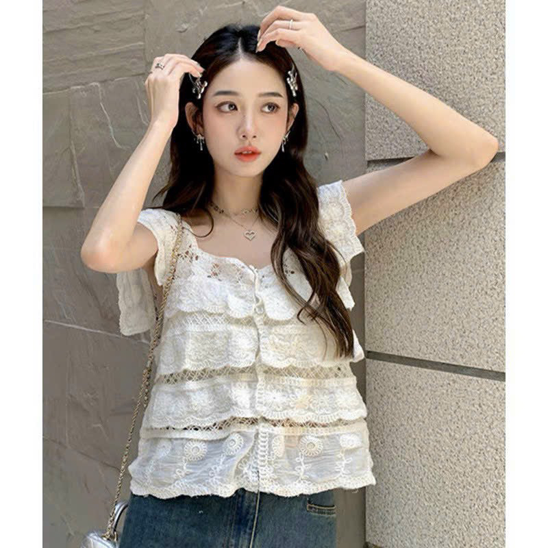 Áo Croptop Hai Dây Dệt Kim Không Tay Cổ Vuông Nhiều Lớp Phối Ren Phong Cách Retro Dành Cho Nữ s105