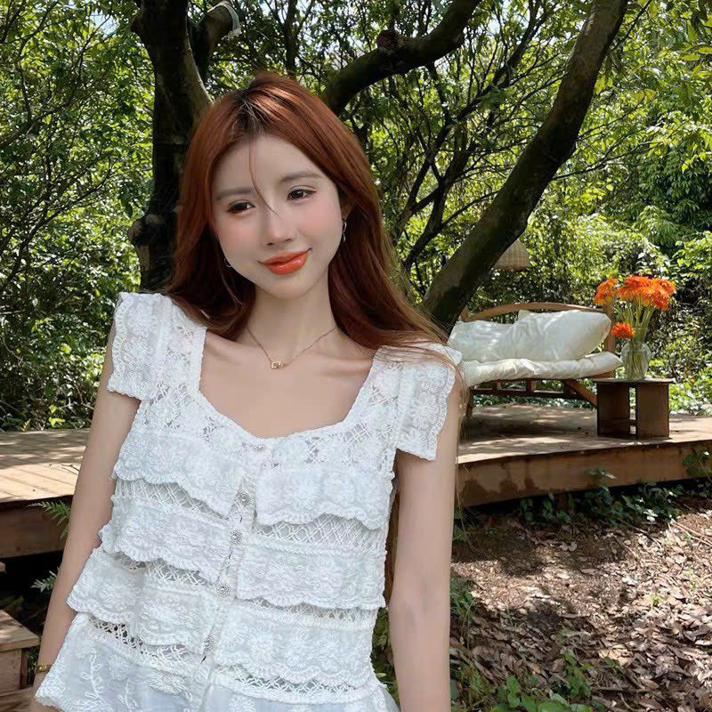Áo Croptop Hai Dây Dệt Kim Không Tay Cổ Vuông Nhiều Lớp Phối Ren Phong Cách Retro Dành Cho Nữ s105