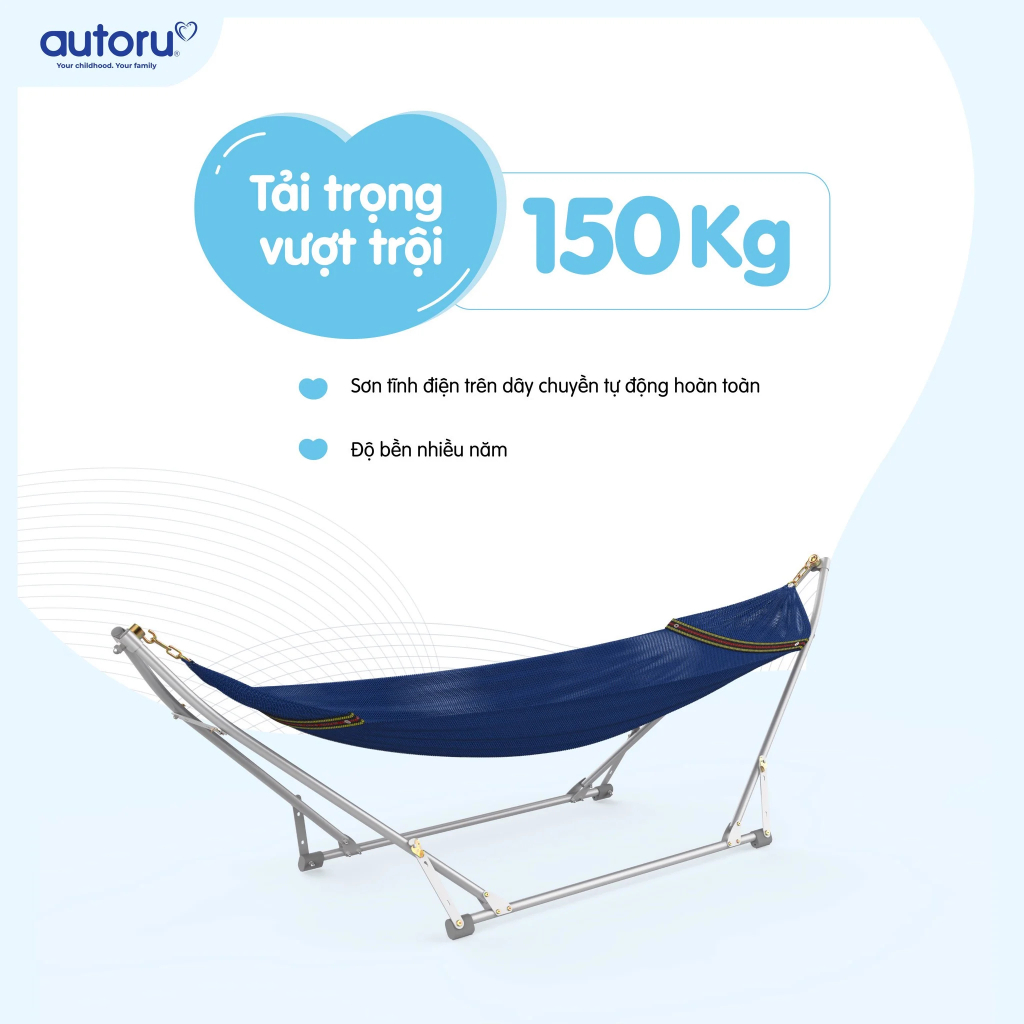 Khung võng xếp hợp kim màu xám Autoru chịu tải 150Kg, lưới võng 2 lớp thoáng khí, chân võng chống trượt