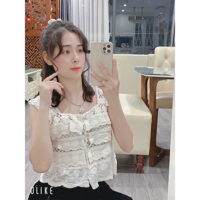Áo Croptop Hai Dây Dệt Kim Không Tay Cổ Vuông Nhiều Lớp Phối Ren Phong Cách Retro Dành Cho Nữ s105