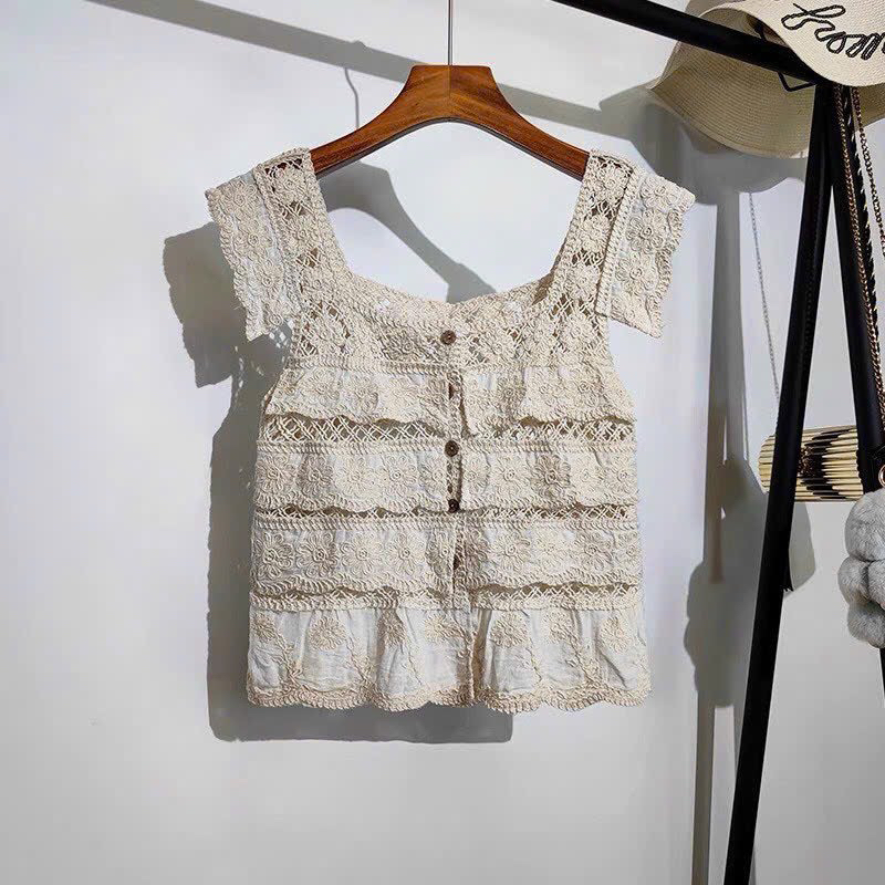 Áo Croptop Hai Dây Dệt Kim Không Tay Cổ Vuông Nhiều Lớp Phối Ren Phong Cách Retro Dành Cho Nữ s105