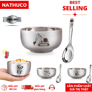 Bộ bát thìa inox 350ml 110gr cho bé trai bé gái 3 lớp cách nhiệt in hình cute