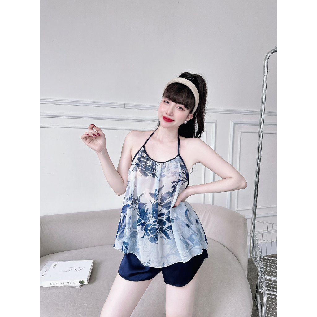 Đồ Ngủ Sexy Nữ, Bộ Yếm Voan Tơ Sexy Satin Phối Voan 40<65kg