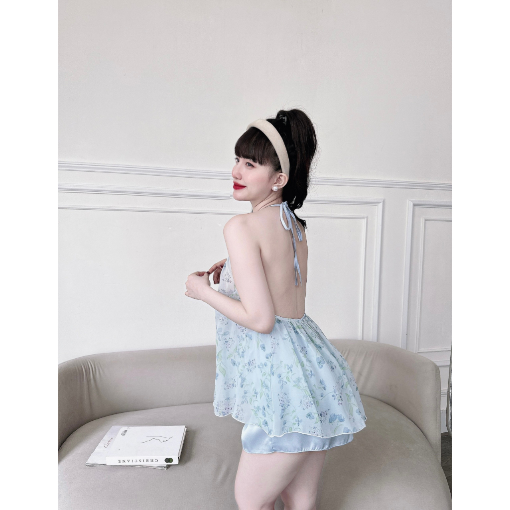 Đồ Ngủ Sexy Nữ, Bộ Yếm Voan Tơ Sexy Satin Phối Voan 40<65kg