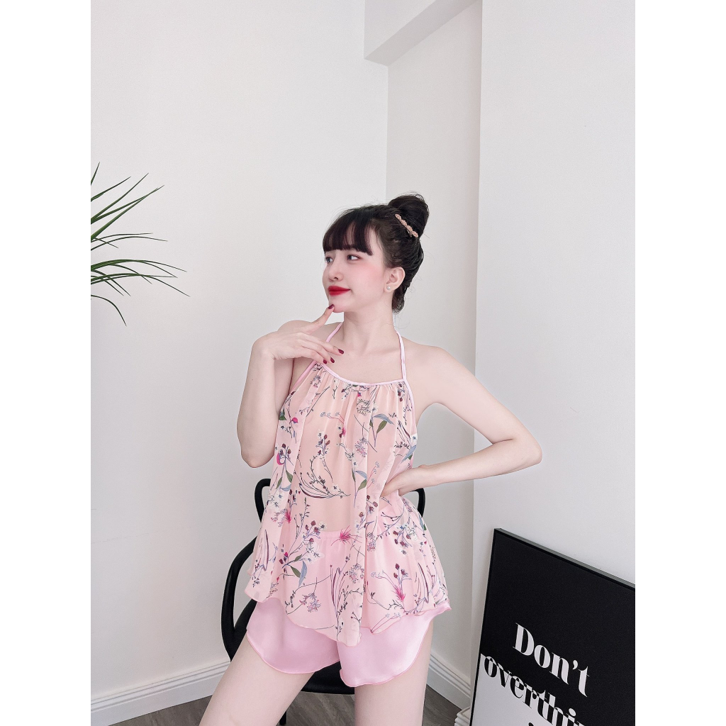 Đồ Ngủ Sexy Nữ, Bộ Yếm Voan Tơ Sexy Satin Phối Voan 40<65kg