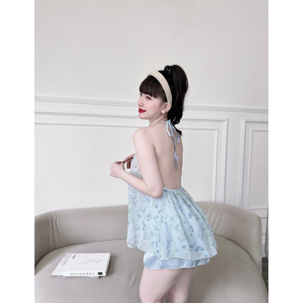 Đồ Ngủ Sexy Nữ,  Bộ Yếm Voan Tơ  Sexy Satin Phối Voan 40<65kg