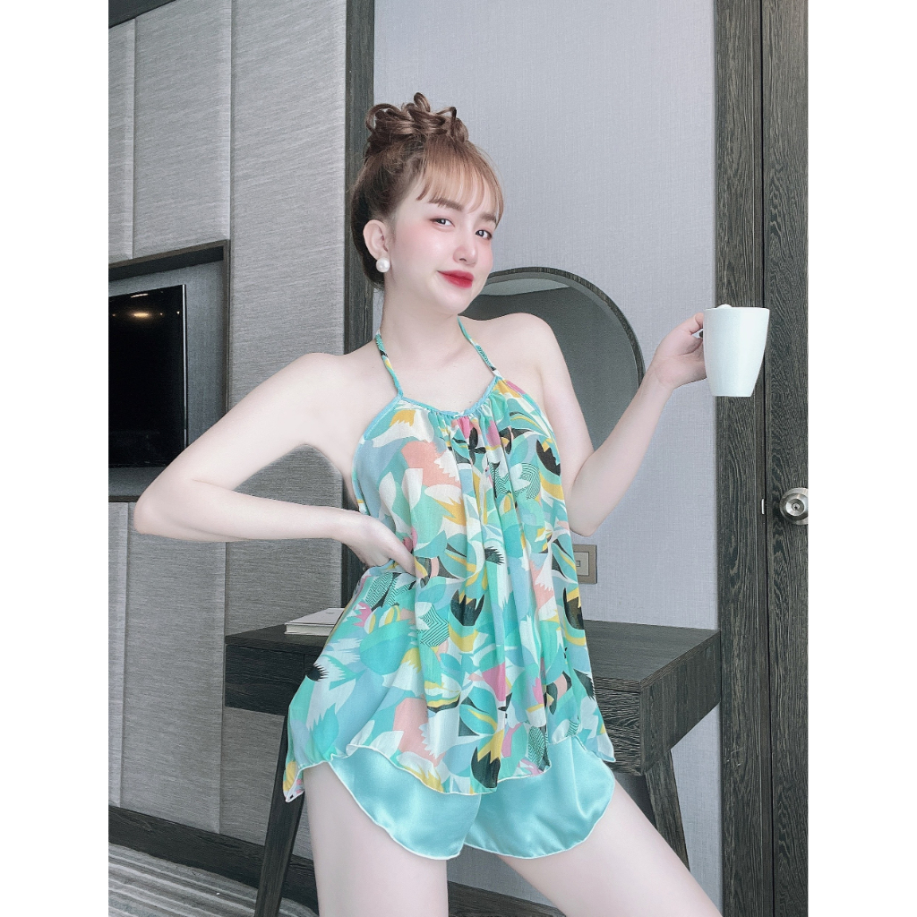 Đồ Ngủ Sexy Nữ,  Bộ Yếm Voan Tơ  Sexy Satin Phối Voan 40<65kg