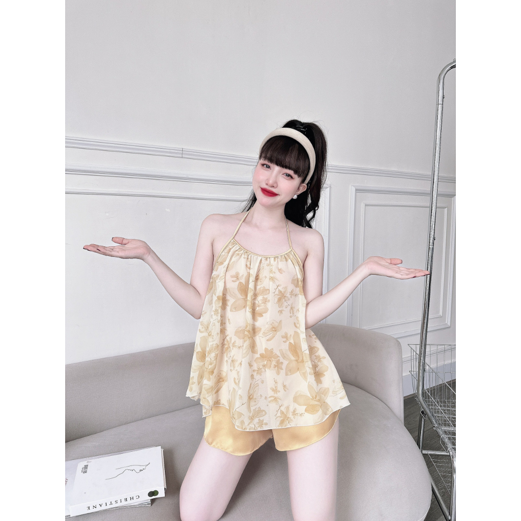 Đồ Ngủ Sexy Nữ,  Bộ Yếm Voan Tơ  Sexy Satin Phối Voan 40<65kg