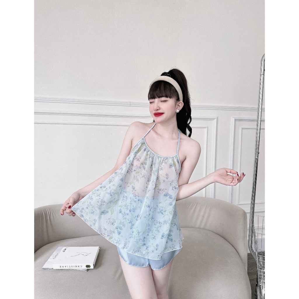 Đồ Ngủ Sexy Nữ,  Bộ Yếm Voan Tơ  Sexy Satin Phối Voan 40<65kg