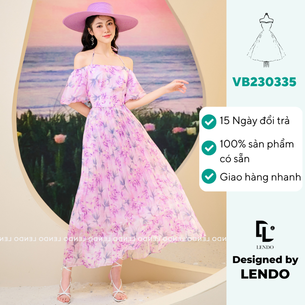 Đầm Trễ Vai Hoa Tím, Váy Maxi Dáng Dài Xếp Ly Cổ Dây LENDO VB230335