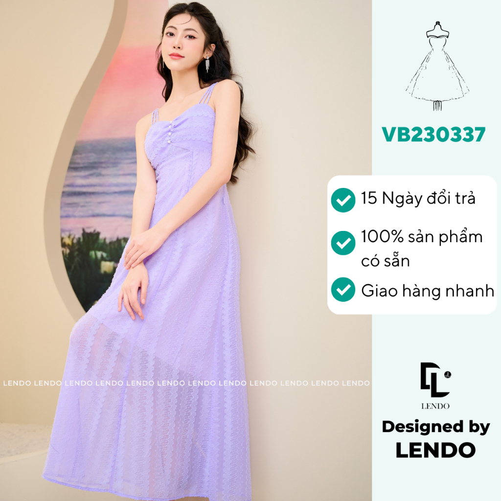 Đầm voan tím hai dây, Váy maxi đi biển dáng dài đính ngọc LENDO VB230337