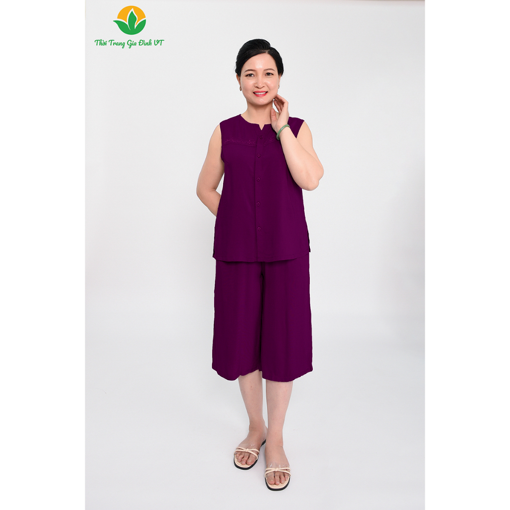 Bộ lanh mặc nhà trung niên xuân hè Việt Thắng quần lửng áo cộc chất lanh - B25.2301