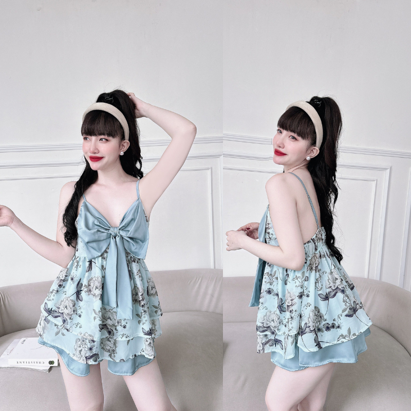 Đồ Ngủ Sexy, Bộ Đùi Cột Dây Sau Quần Satin Phối Voan 40<65kg