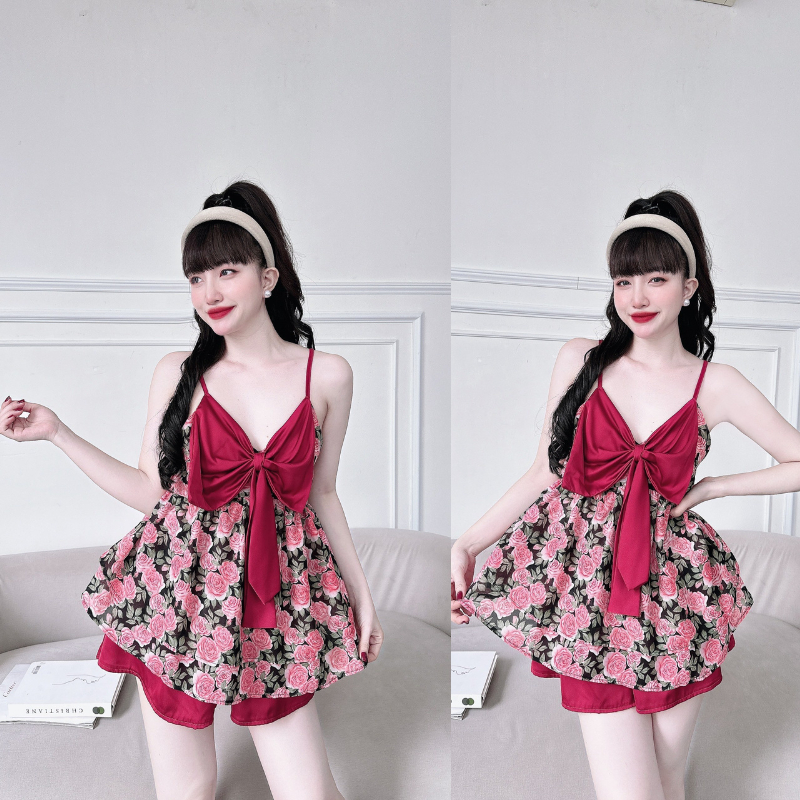 Đồ Ngủ Sexy, Bộ Đùi Cột Dây Sau Quần Satin Phối Voan 40<65kg