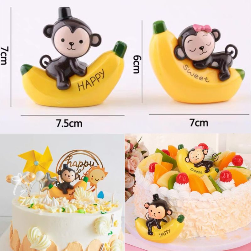 Bộ 2 con khỉ ôm chuối trang trí bánh sinh nhật, khỉ trang trí bánh kem