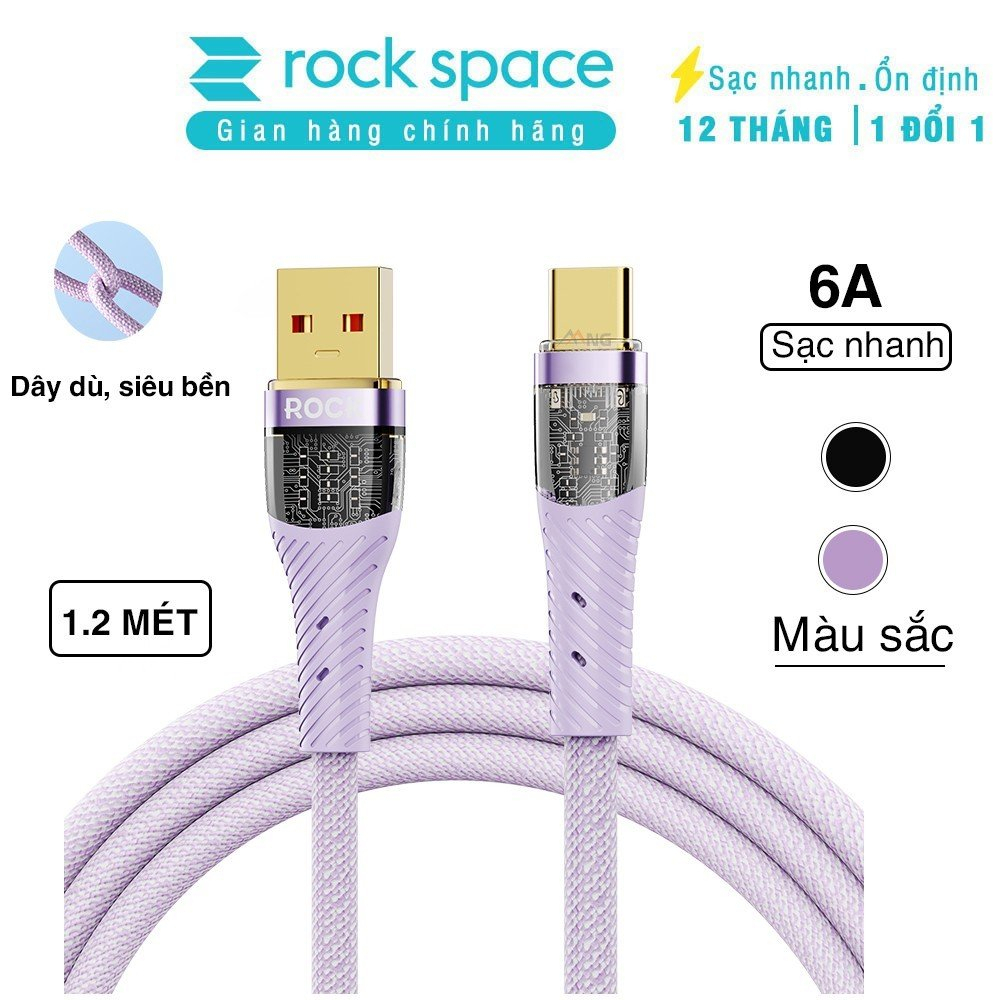 Dây cáp sạc nhanh Rockspace Z21 usb to TypeC, sạc nhanh 6A chuẩn QC dây dù siêu bền - Hàng chính hãng BH 12 tháng