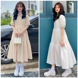 Đầm váy freesize cổ tròn ba tầng 2 màu