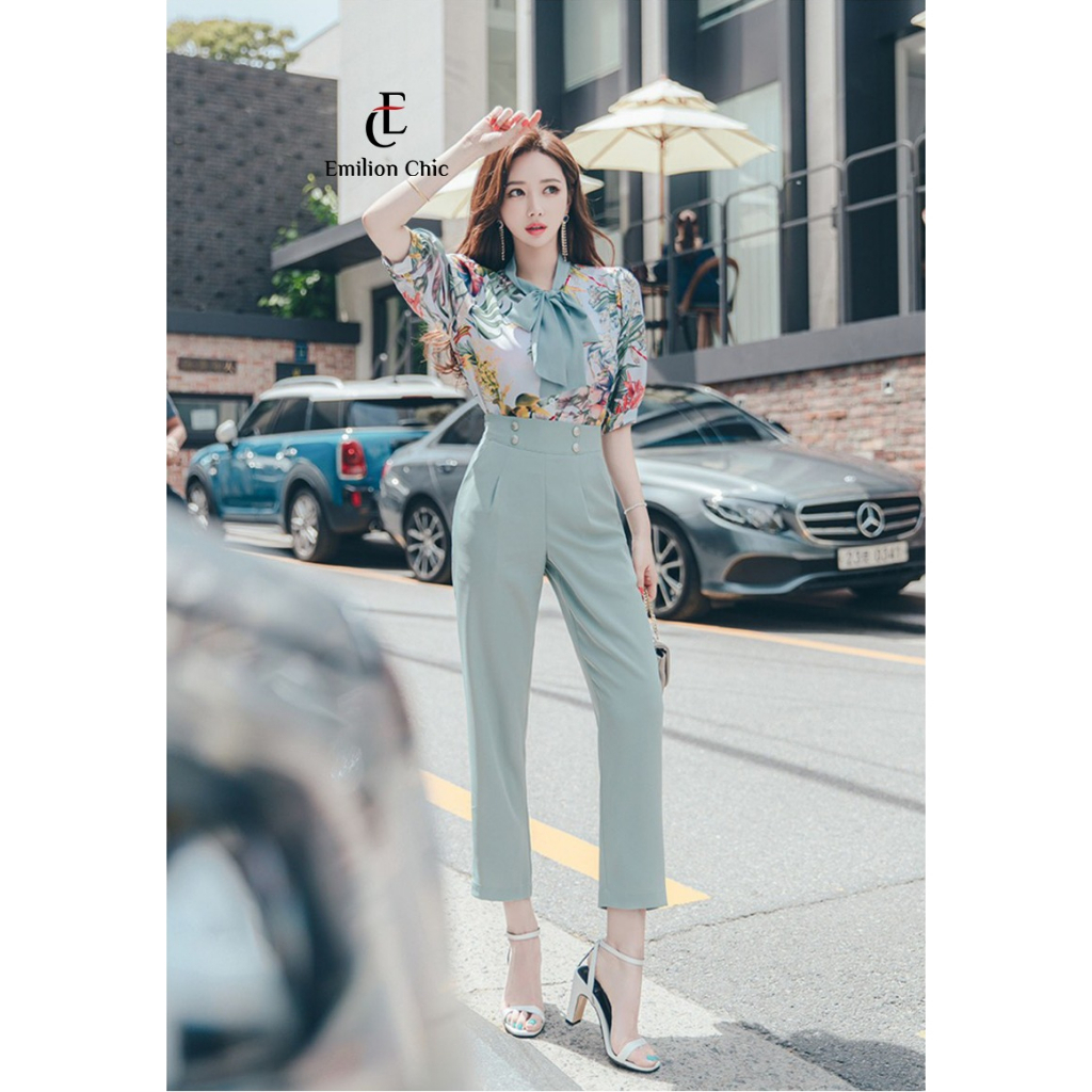 Set áo sơ mi mix cùng váy quần baggy, áo cổ nơ với quần xếp ly thời trang công sở E320 Emilion Chic