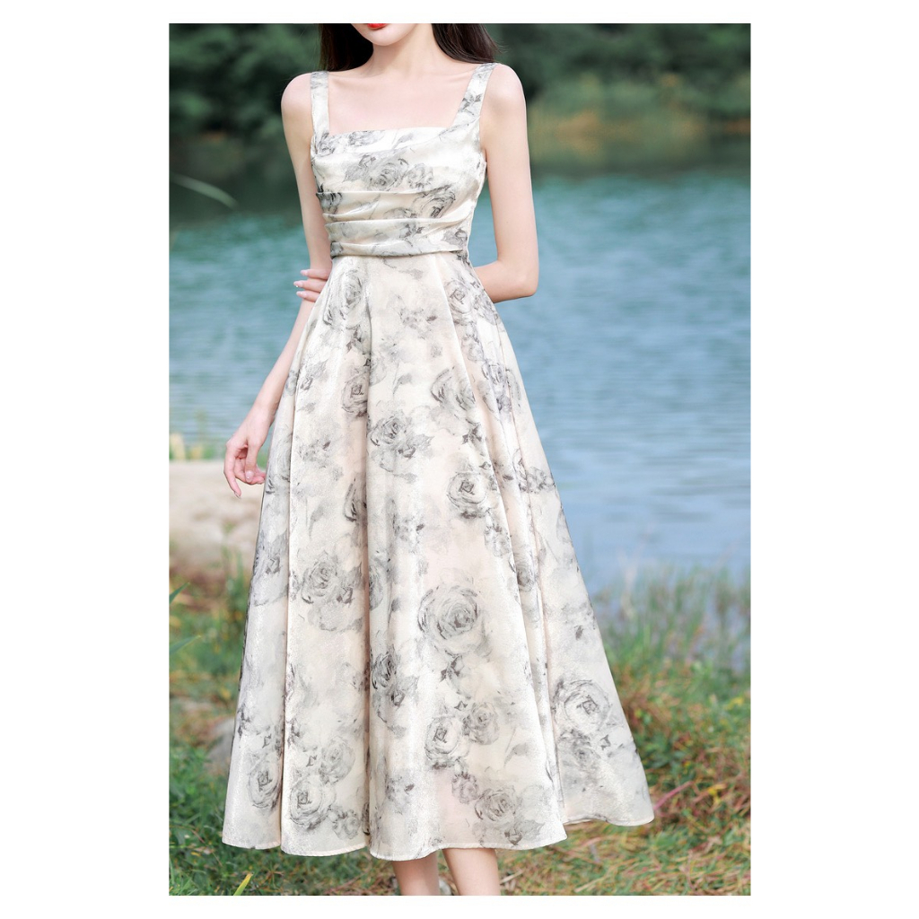 Váy đầm nữ dáng xòe xếp ly ngực hai dây họa tiết hoa trắng chất tơ nhũ cao cấp sang trọng E288 Emilion Chic