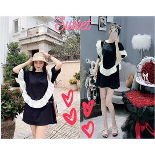 Váy Nữ đen phối tay Viền bèo - Áo váy dáng suông chất cotton thoáng mát mềm mại trẻ trung năng động - SVFV65