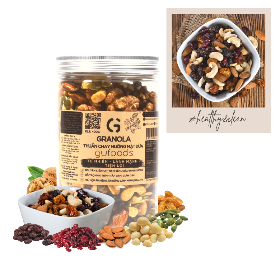 Granola thuần chay nướng mật dừa nước GUfoods 0% yến mạch mix mắc ca, óc