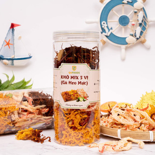 Khô Mix 3 vị ( Gà lá chanh / heo cháy tỏi / mực sợi hấp dừa ) hũ 300g đồ ăn vặt
