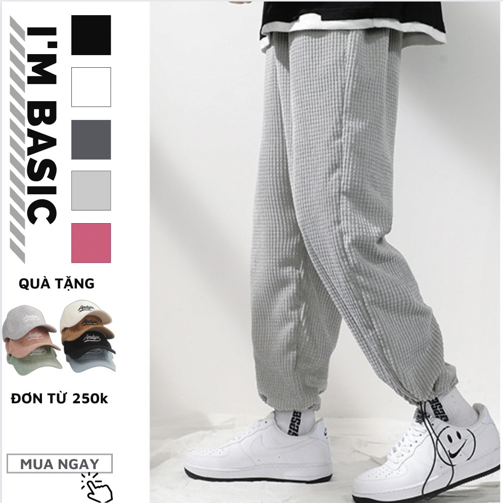 Quần ống rộng nam nữ chất cotton tổ ong mặc được 2 kiểu bo ống và suông phong cách tổ ong QJG03