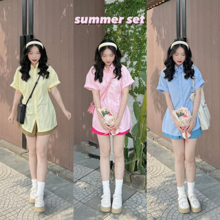 Set đồ nữ áo sơ mi ngắn tay và quần đùi chân váy chữ A ulzzang , Bộ đồ áo kèm quần sooc Hiva Fashion