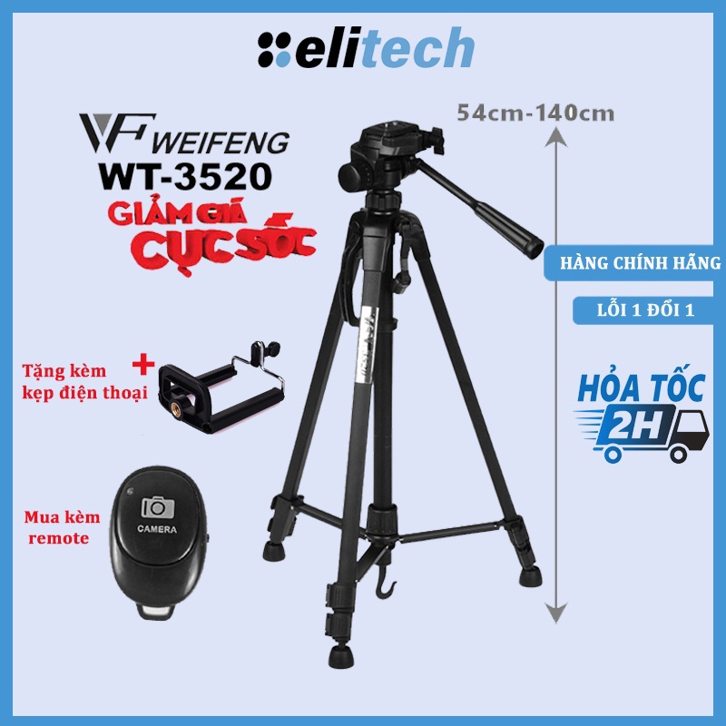 Chân Máy Ảnh Tripod Weifeng WT-3520, khung nhôm cao cấp, cao 1.4m chịu tải 3kg hỗ trợ chụp ảnh, quay video, livestream