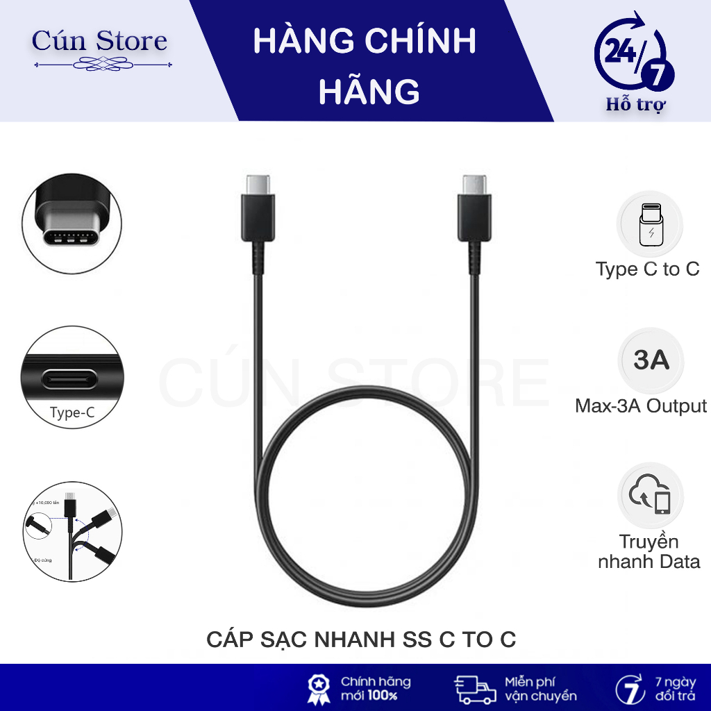 Cáp sạc nhanh Samsung Type C to C cho Note 10,Note 20,S20, S21 dài 1m chuẩn zin | Bảo hành 6 tháng