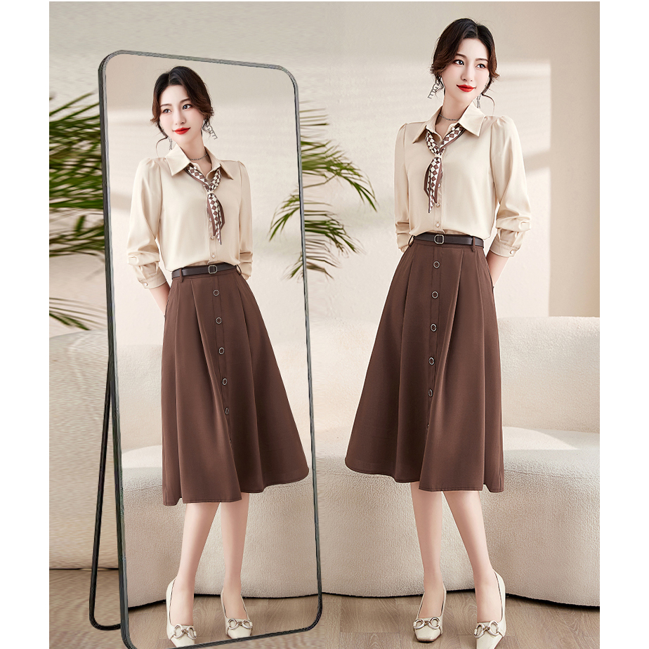 Set đầm váy sơ mi cổ nơ phối chân váy kèm belt Xiny D170230