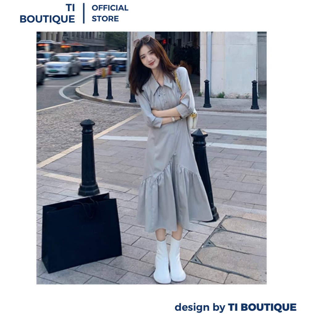 Đầm Váy Nữ Cổ Lá Cài Nút Tay Lỡ Bồng Cột Dây Eo Thục Nữ, Đầm Nữ Đi Làm Maxi Dáng Xòe Đuôi Cá Màu Xám