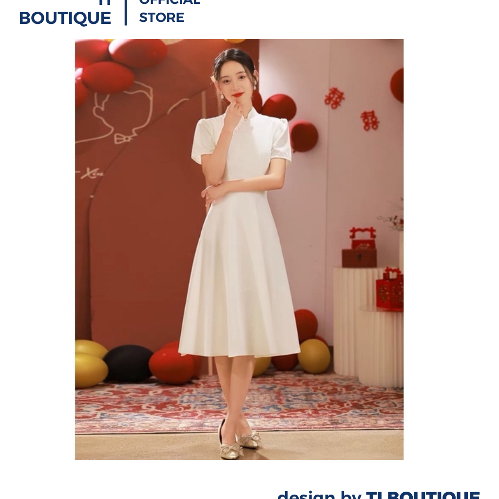 Đầm Nữ Đính Nút Ngọc Xéo Cổ Áo Dài Tay Ngắn Trang Trọng, Đầm Váy Nữ Đi Tiệc Midi Dáng Xòe Tôn Dáng Màu Trắng
