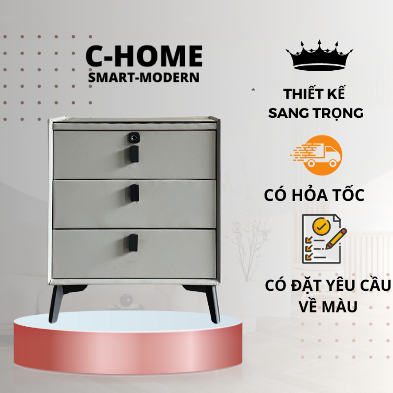 Tab đầu giường C-HOME cao cấp 3 ngăn có cổng USB, sạc không dây. loa bluetooth, Tủ đầu giường có khóa vân tay, hiện đại