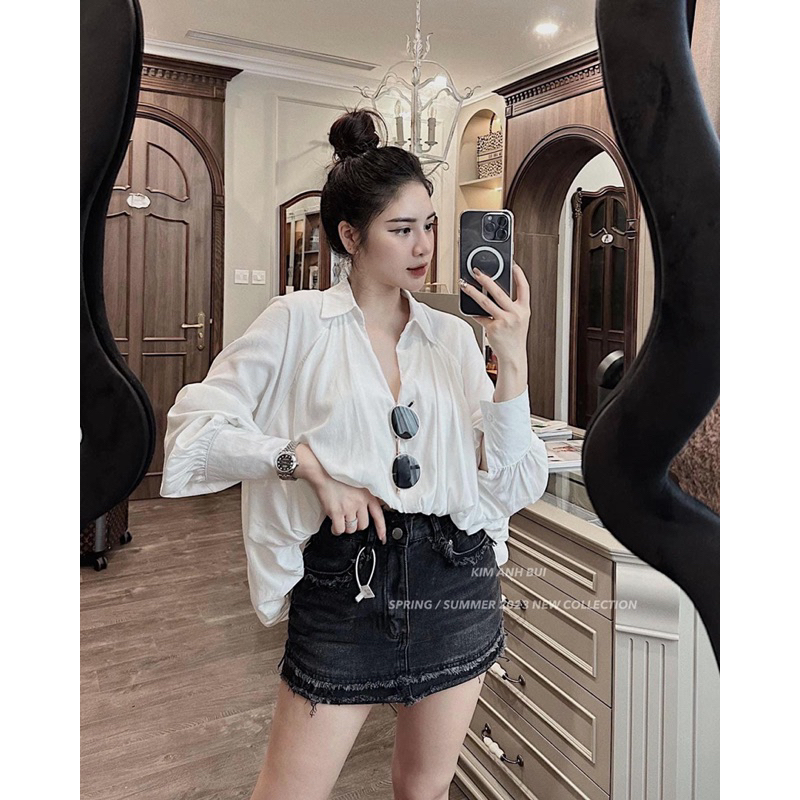 Áo sơ mi trắng tay dài phối tà lệch bo cá tính VIENS STORE